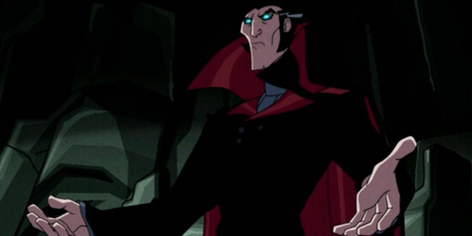 Dracula with glowing eyes voiced by Peter Stromae in Batman vs. Dracula (2005). 