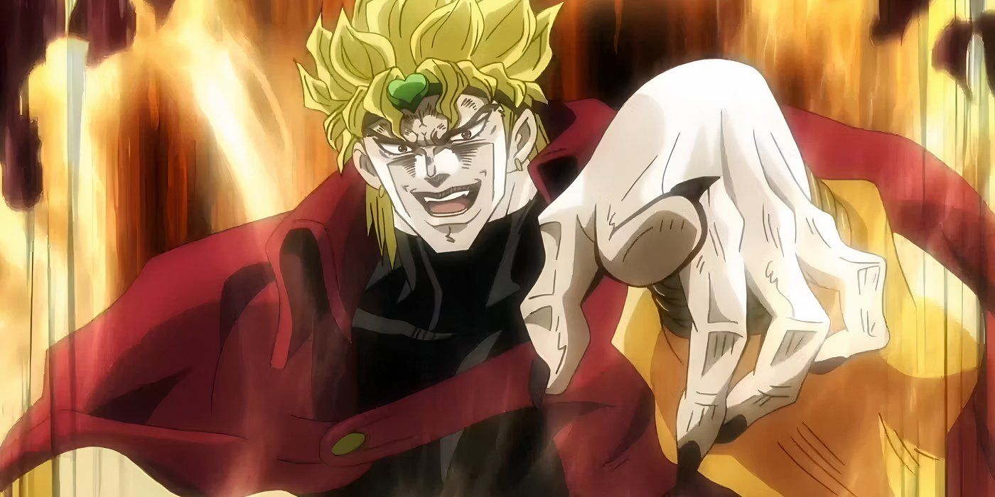 Dio Brando pointing his boney, finger towards the camera while surrounded in glowing flames in 'JoJo's Bizarre Adventure'