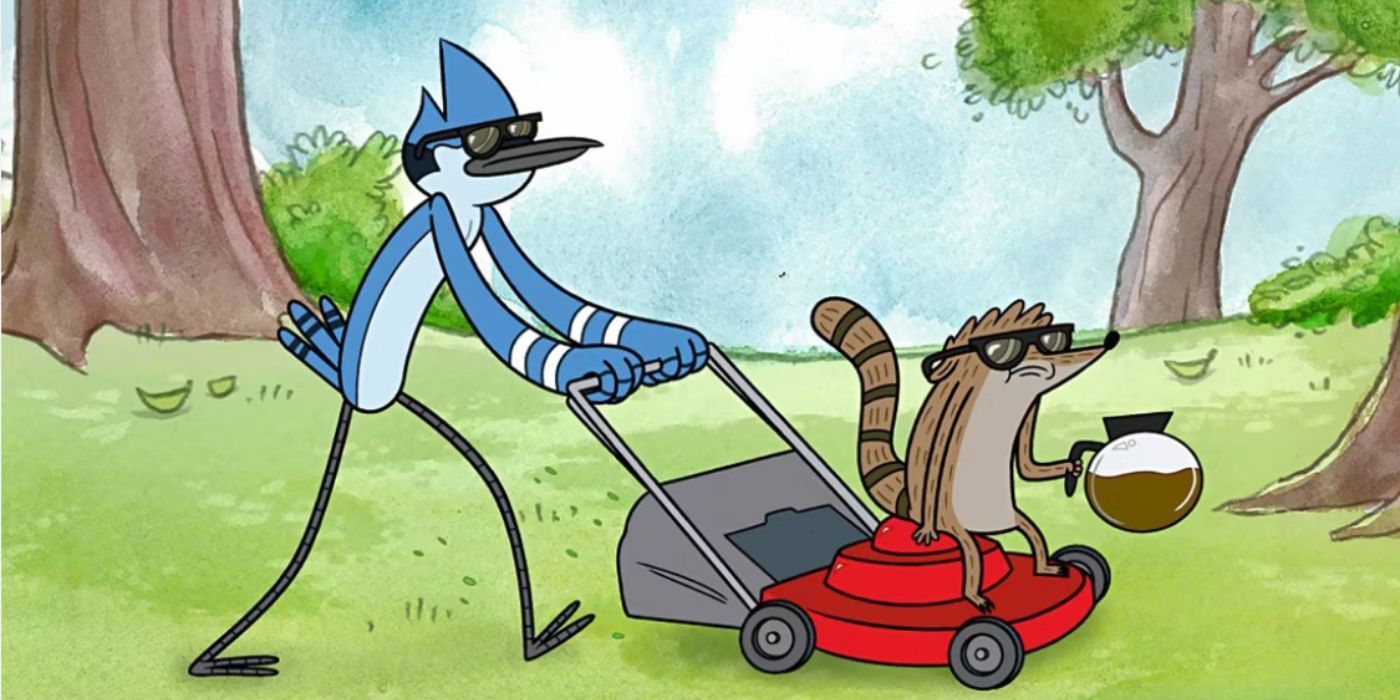 Mordecai pushing Rigby on a lawn mower in Regular Show.